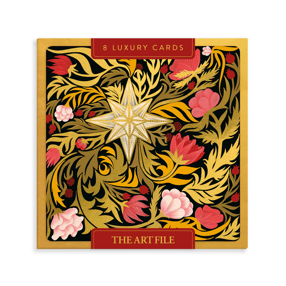 Greetings card set featuring an ornate fold and pink floral and stars design