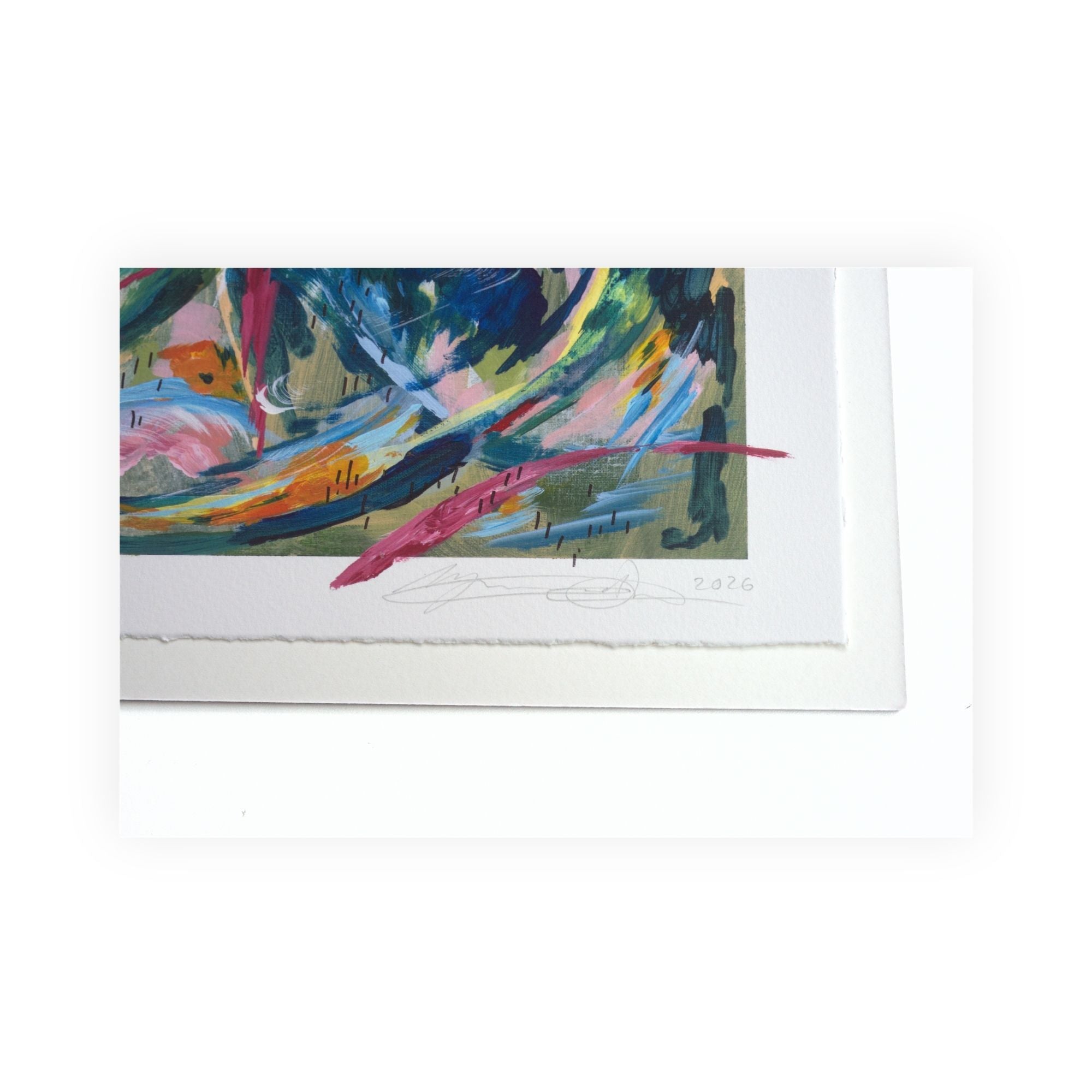 Close up of the limited edition signature and date showing the torn edges and textured paper.