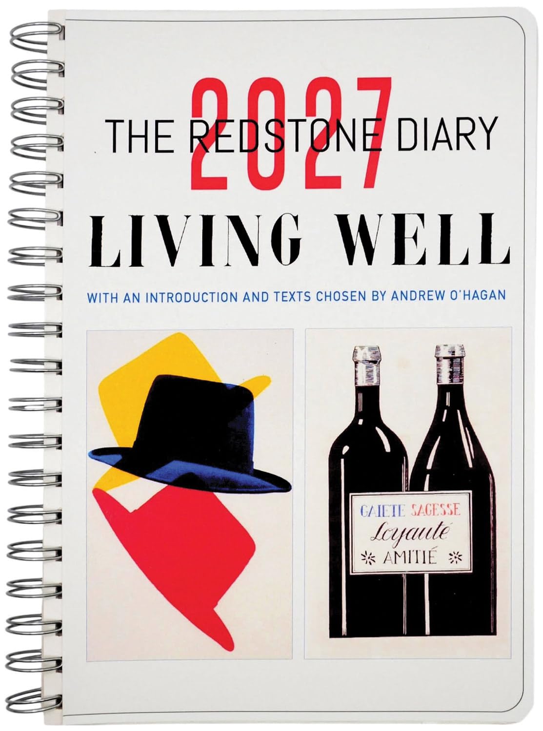 2027 diary titled 'Living Well' with a hat and wine bottle design on the cover.