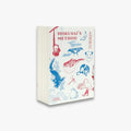 Book cover with illustrations of details from famous Hokusai's artworks.