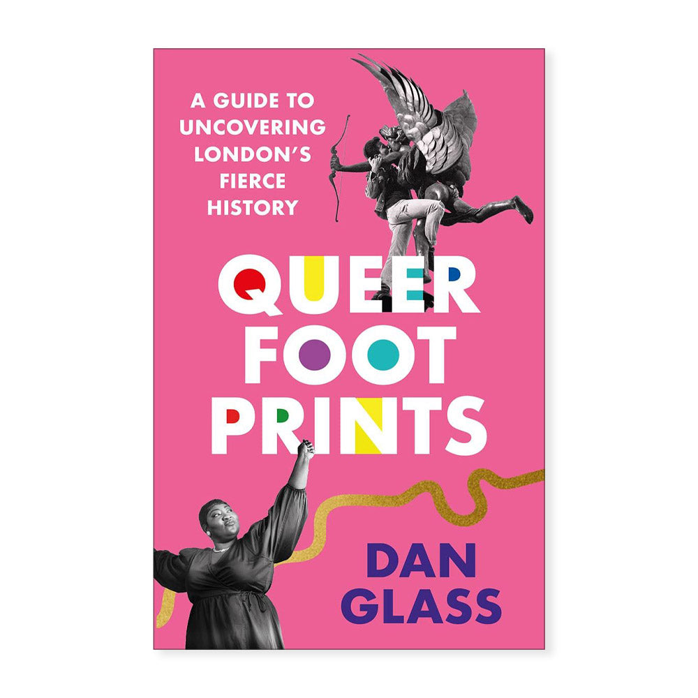 Book cover of 'Queer Footprints' by Dan Glass on a pink background