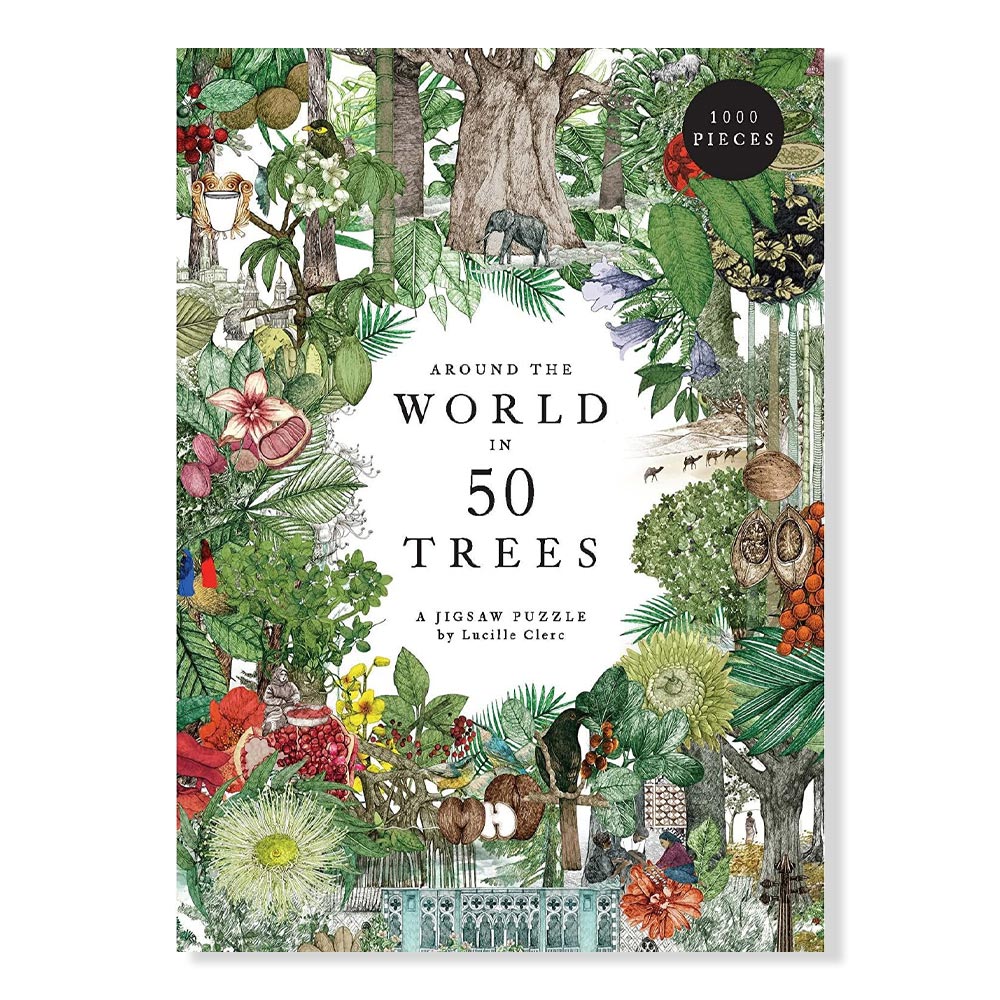 Jigsaw puzzle box with 'Around the World in 50 Trees' design featuring trees and animals.