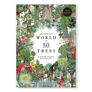 Jigsaw puzzle box with 'Around the World in 50 Trees' design featuring trees and animals.