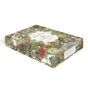 Box with nature-themed design featuring plants and animals on a white background
