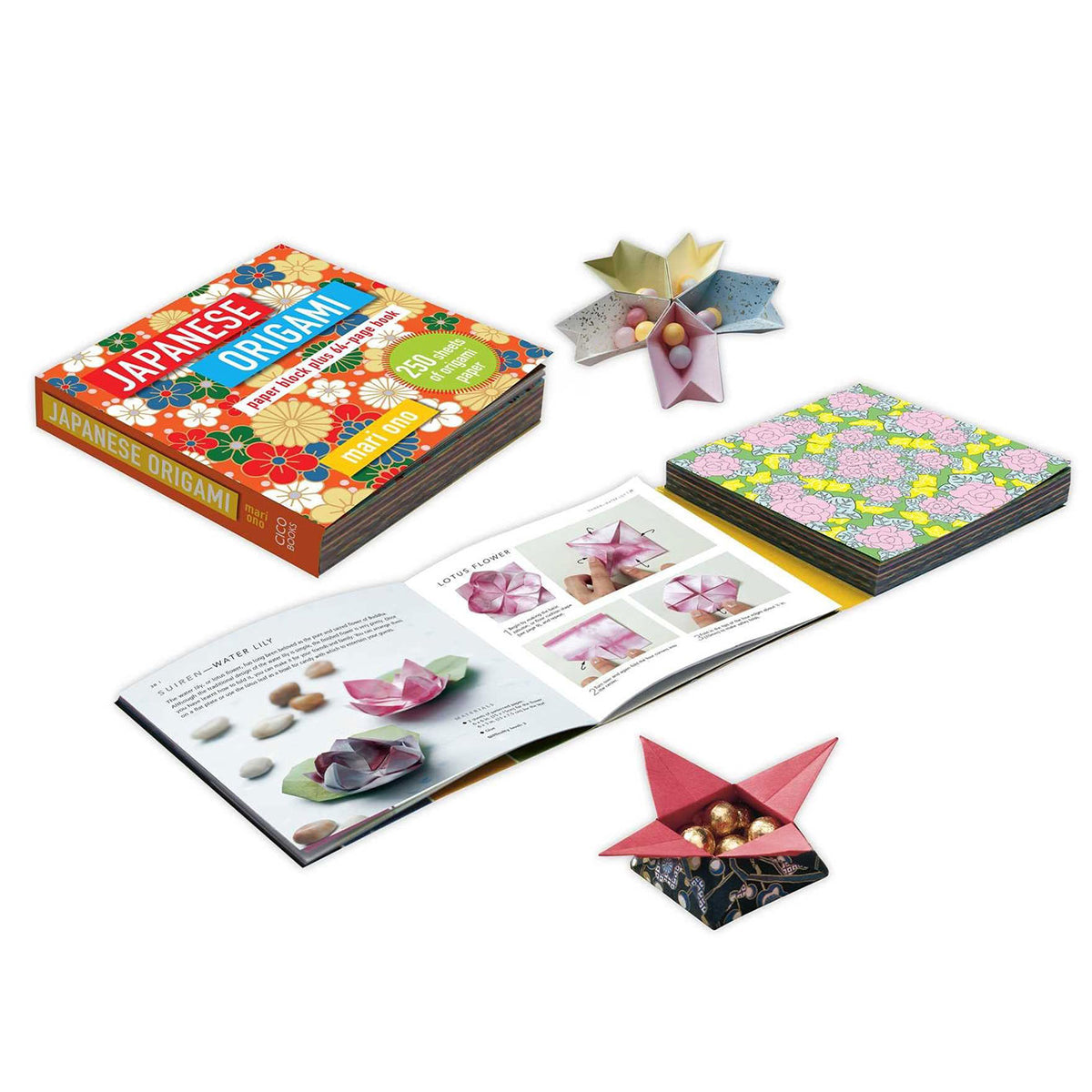 Japanese origami book and kit against a white background