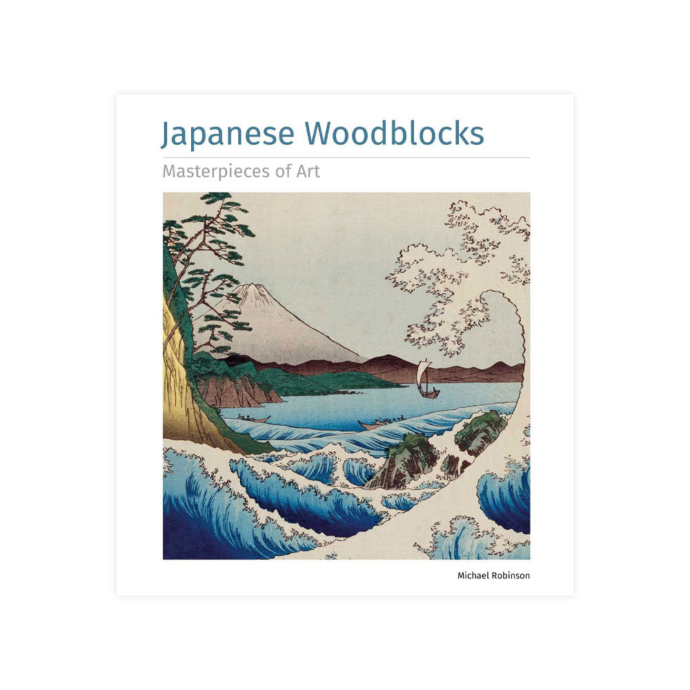 Book cover of 'Japanese Woodblocks: Masterpieces of Art' with a traditional Japanese landscape illustration.