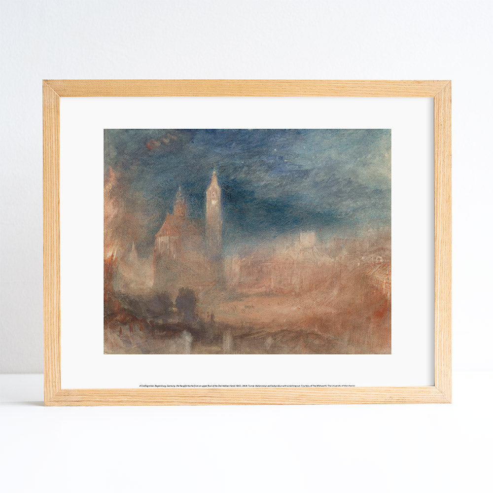 Framed artwork of a landscape with a clock tower on a white background