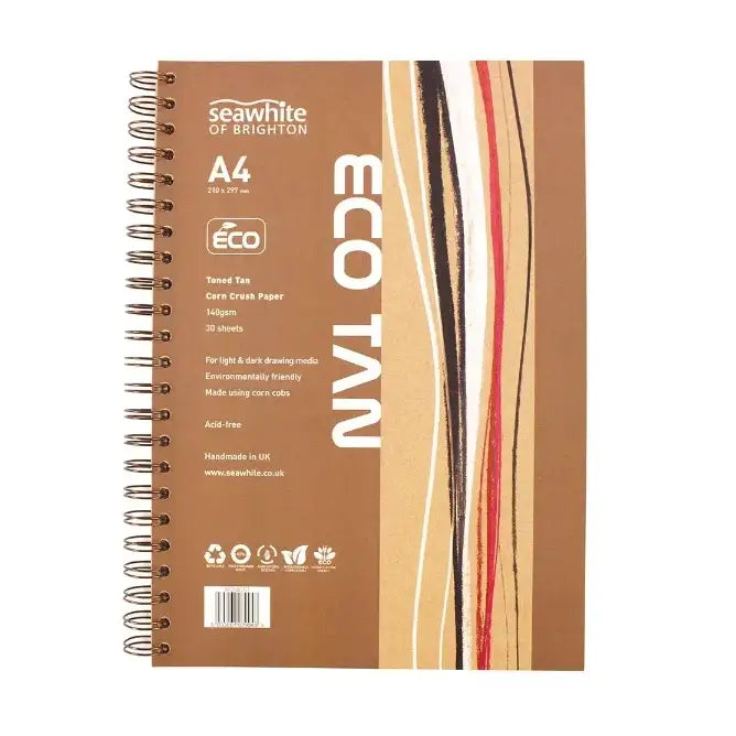 Eco tan wirobound sketchbook with product information against white background.