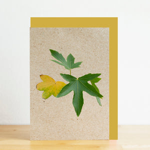 Greeting card with pressed leaves on a textured beige background