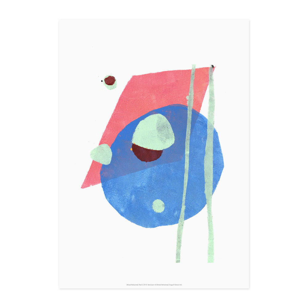 Reproduction of an abstract artwork by Ahmed Mohammed, abstract shapes in blue, green and pink.