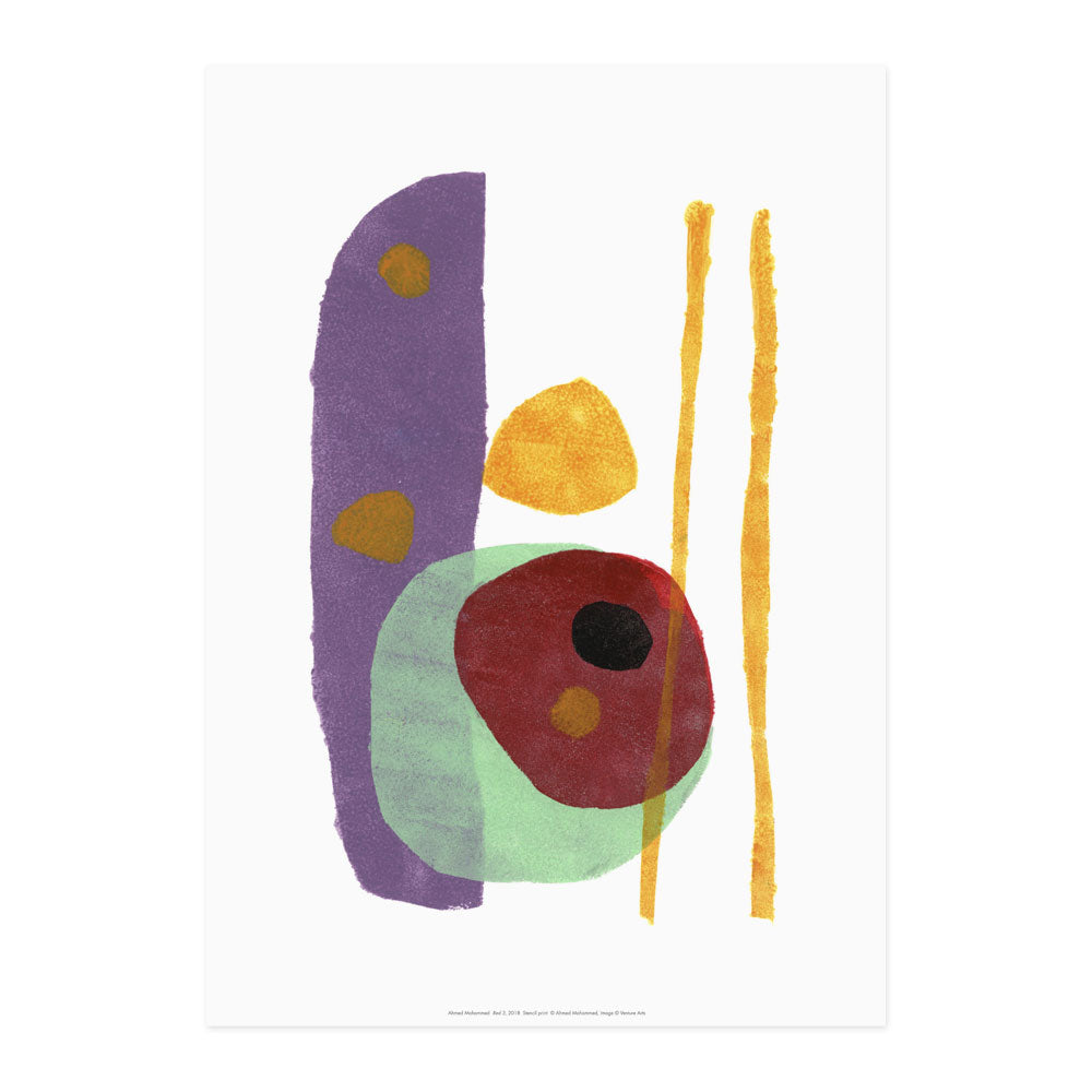 Reproduction of an abstract artwork by Ahmed Mohammed. Full of abstract shapes in multi colours.