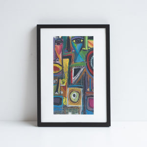 Print of an abstract painting by Akinyemi Oludeli. Placed in a black frame leaning against a white wall.