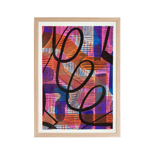 Colourful Risograph print. Pink, orange, blue and black abstract pattern. White border. Presented in a brown frame.