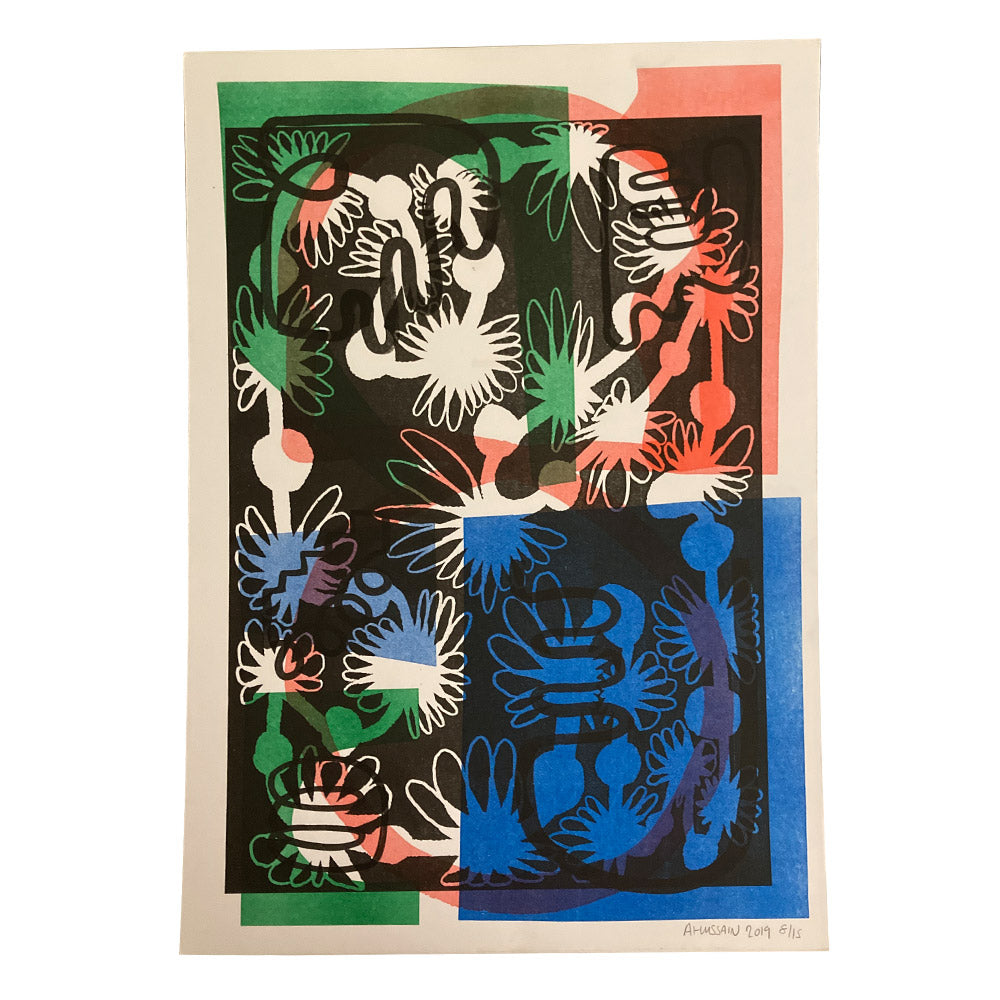 Four coloured abstract risograph print by Aliyah Hussain