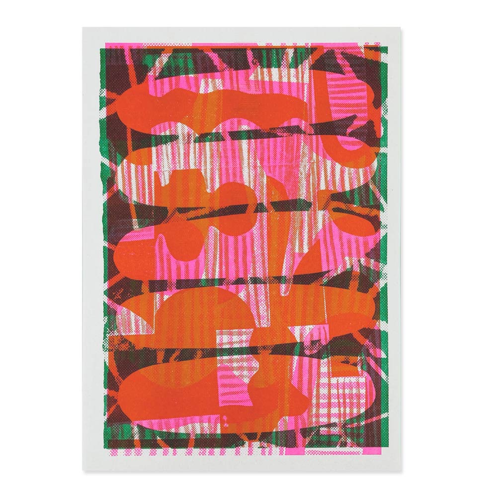 A risograph print featuring red, green and orange abstract shapes stacked on top of each other.