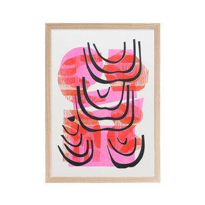 Risograph print featuring a pink and red abstract graphic illustration.  Presented in a brown frame.