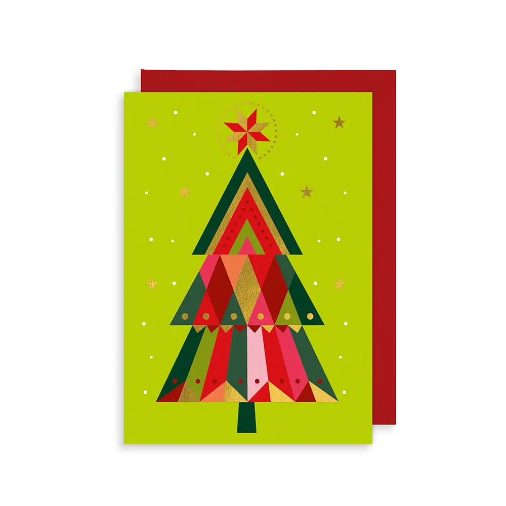 A geometric Christmas card with a colourful, abstract Christmas tree on a green background. The tree is adorned with a gold star and surrounded by gold stars.