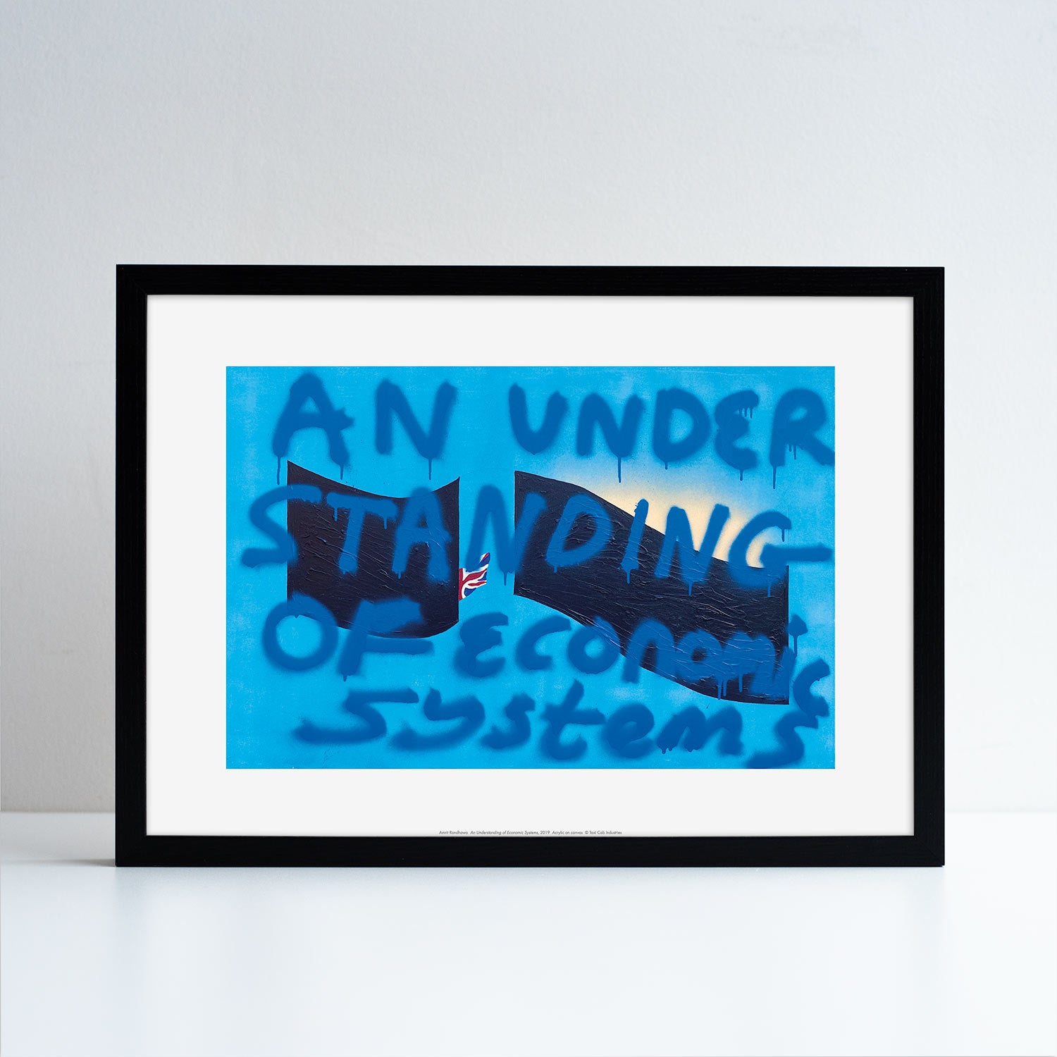 An printed reproduction of an artwork by Amrit Randhawa. Placed in a black frame. Blue spray paint graphic work.