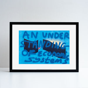 An printed reproduction of an artwork by Amrit Randhawa. Placed in a black frame. Blue spray paint graphic work.