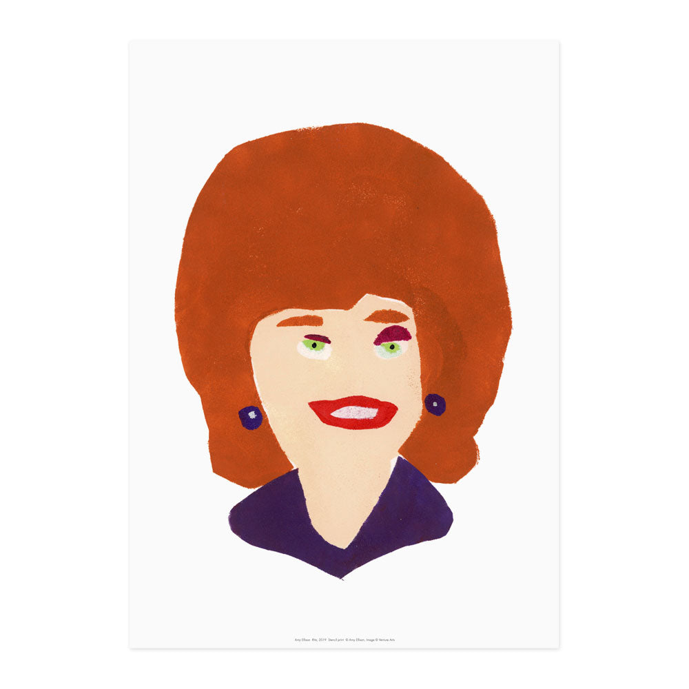 Reproduction of a digital artwork by Amy Ellison of a portrait of Rita from Coronation Street