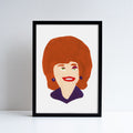 Reproduction of a digital artwork by Amy Ellison of a portrait of Rita from Coronation Street. Placed inside a black frame.