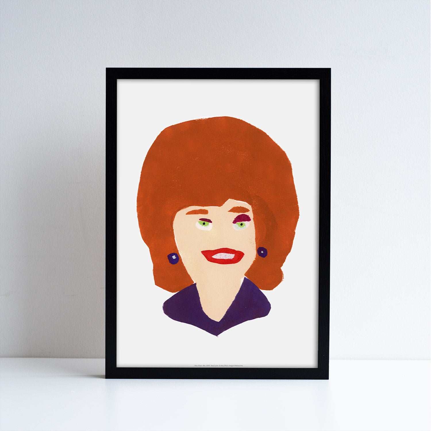 Reproduction of a digital artwork by Amy Ellison of a portrait of Rita from Coronation Street. Placed inside a black frame.
