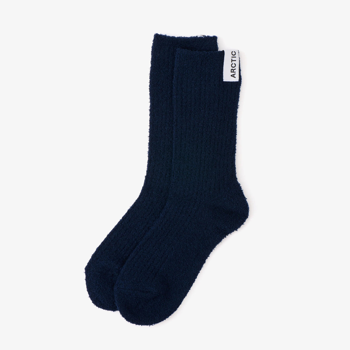 Navy blue sock with a brand label on a white background