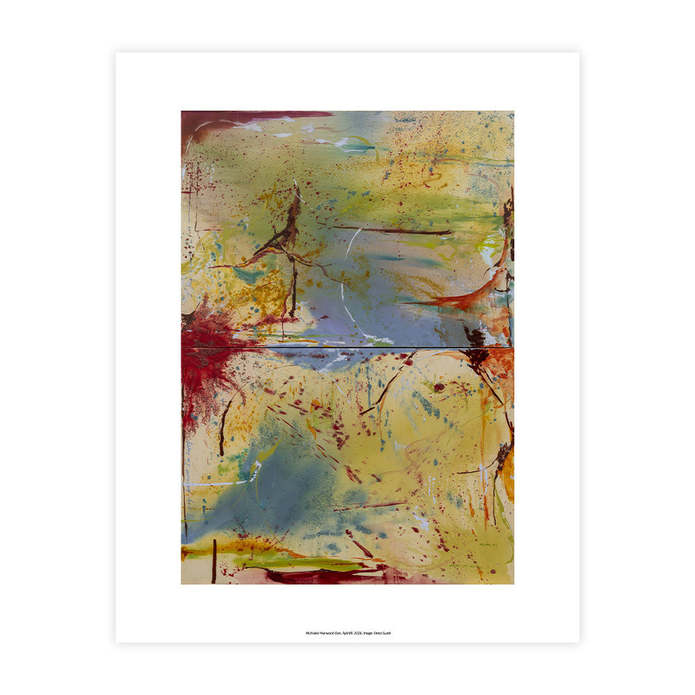 Abstract print by Michaela Yearwood-Dan with splashes of red, yellow, and blue on a white background