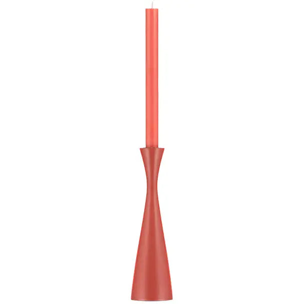Red candle in a matching red holder on a white background
