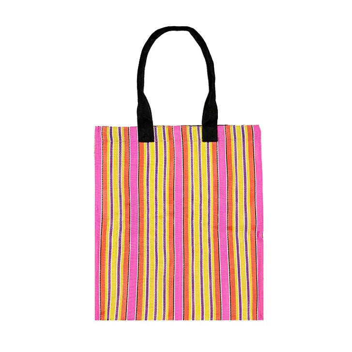 Image of a pink and yellow striped bag against a white background.