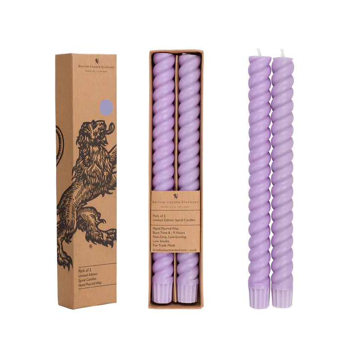 Spiral lilac candles in British Colour Standard packaging.