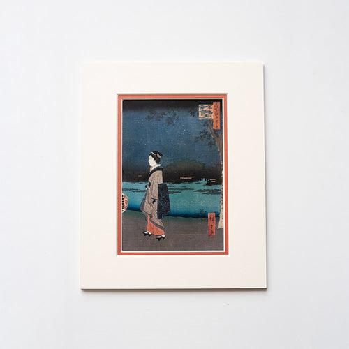 Mounted artwork of a traditional Japanese scene with a person in a kimono on a light grey background