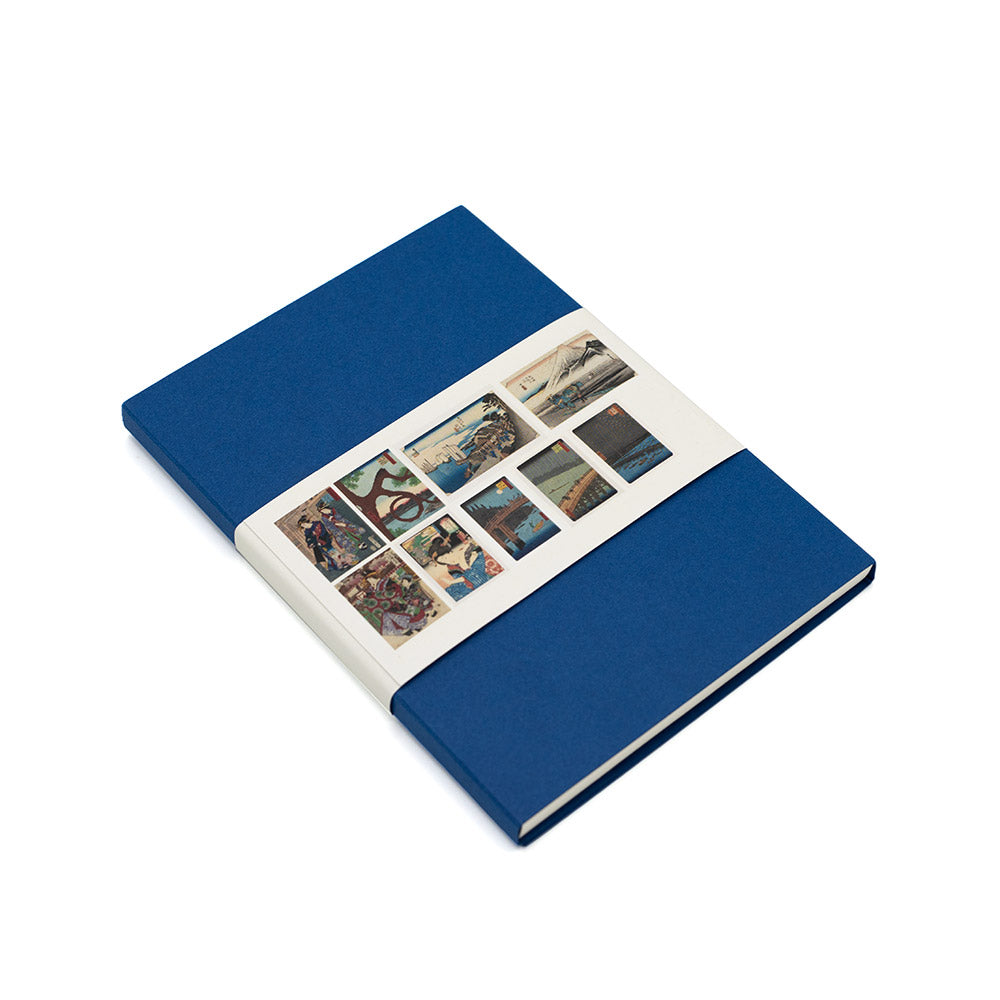Back cover of postcard set with Japanese woodblock print designs on a navy background