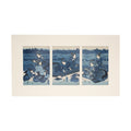 Triptych print of a traditional scene with people on a boat, framed in beige.
