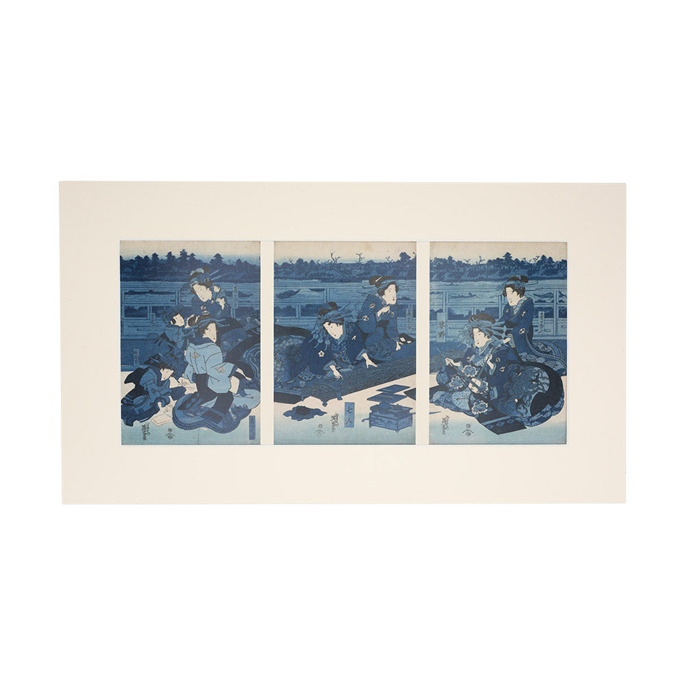 Triptych print of a traditional scene with people on a boat, framed in beige.