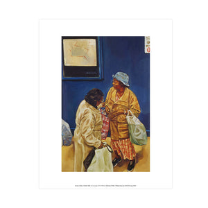 Artwork by Barbara Walker featuring two women stood carrying shopping bags in front of a blue wall. 