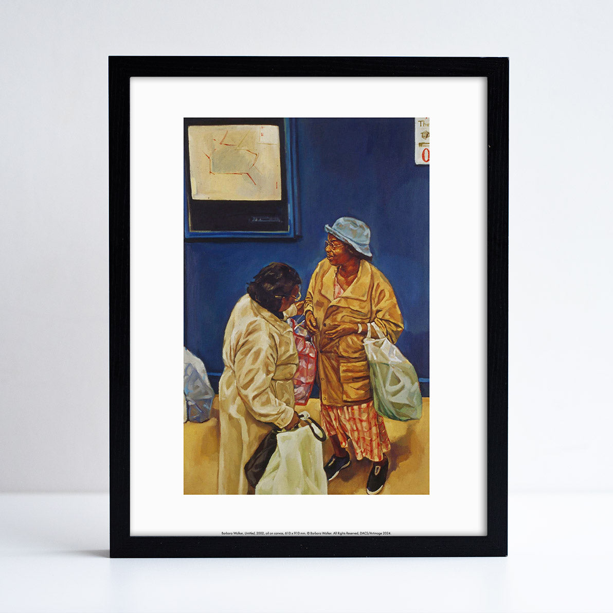 Artwork by Barbara Walker featuring two women stood carrying shopping bags in front of a blue wall. Print in a black frame.