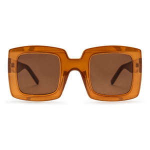 Mustard sunglasses with a transparent frame on a white background
