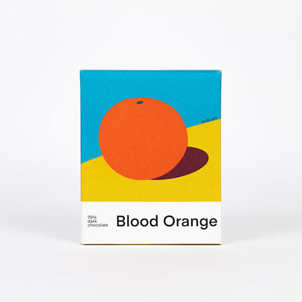 An image of the packaging of a rectangular chocolate bar - white background. The packaging has an illustration of an orange with blue and yellow background.
