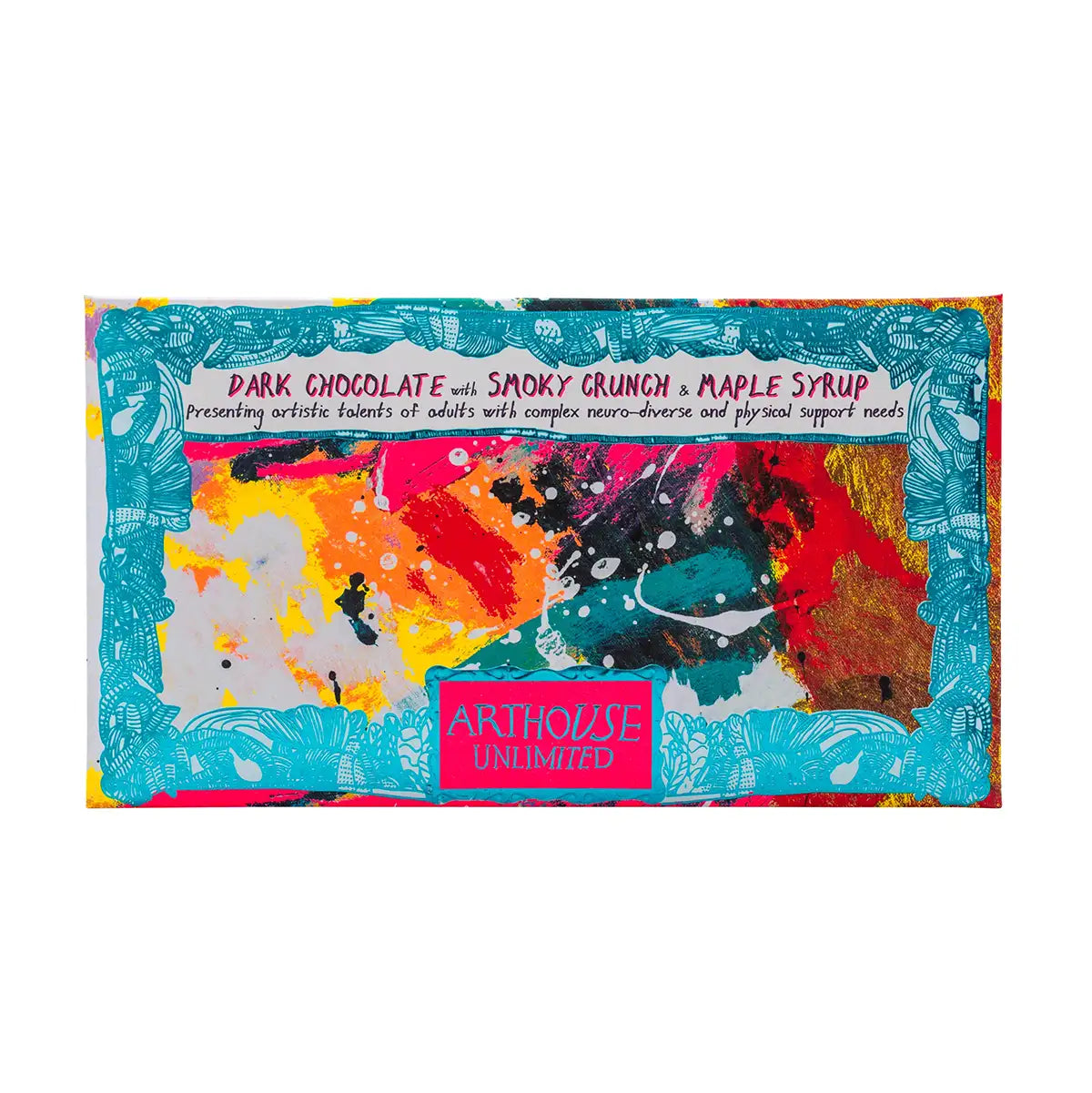 Bright and colourful rectangular packaging for a chocolate bar. With an arthouse unlimited artwork.