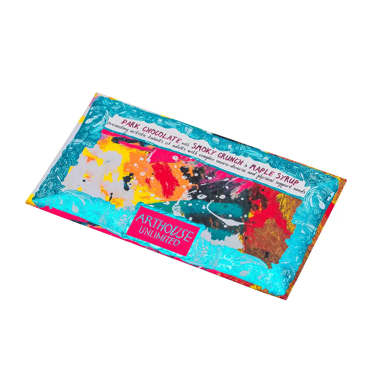 Bright and colourful rectangular packaging for a chocolate bar. With an arthouse unlimited artwork.