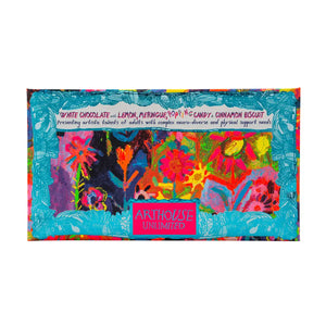 Bright and colourful packaging for a rectangular chocolate bar, featuring an artwork by Arthouse Unlimited artist. 