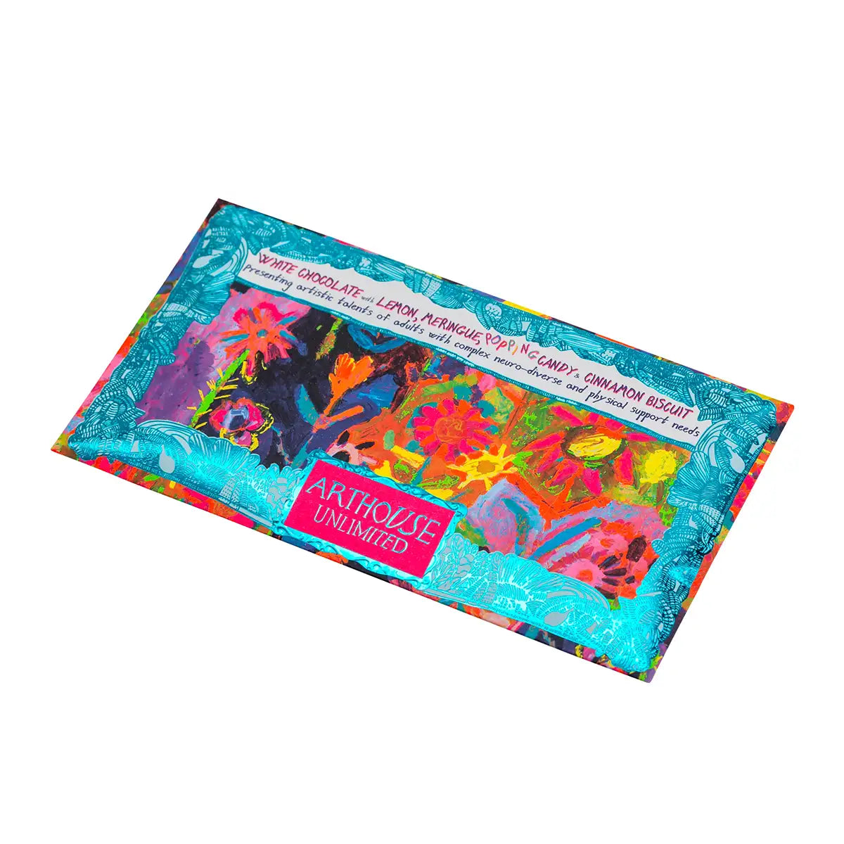 Bright and colourful packaging for a rectangular chocolate bar, featuring an artwork by Arthouse Unlimited artist. 