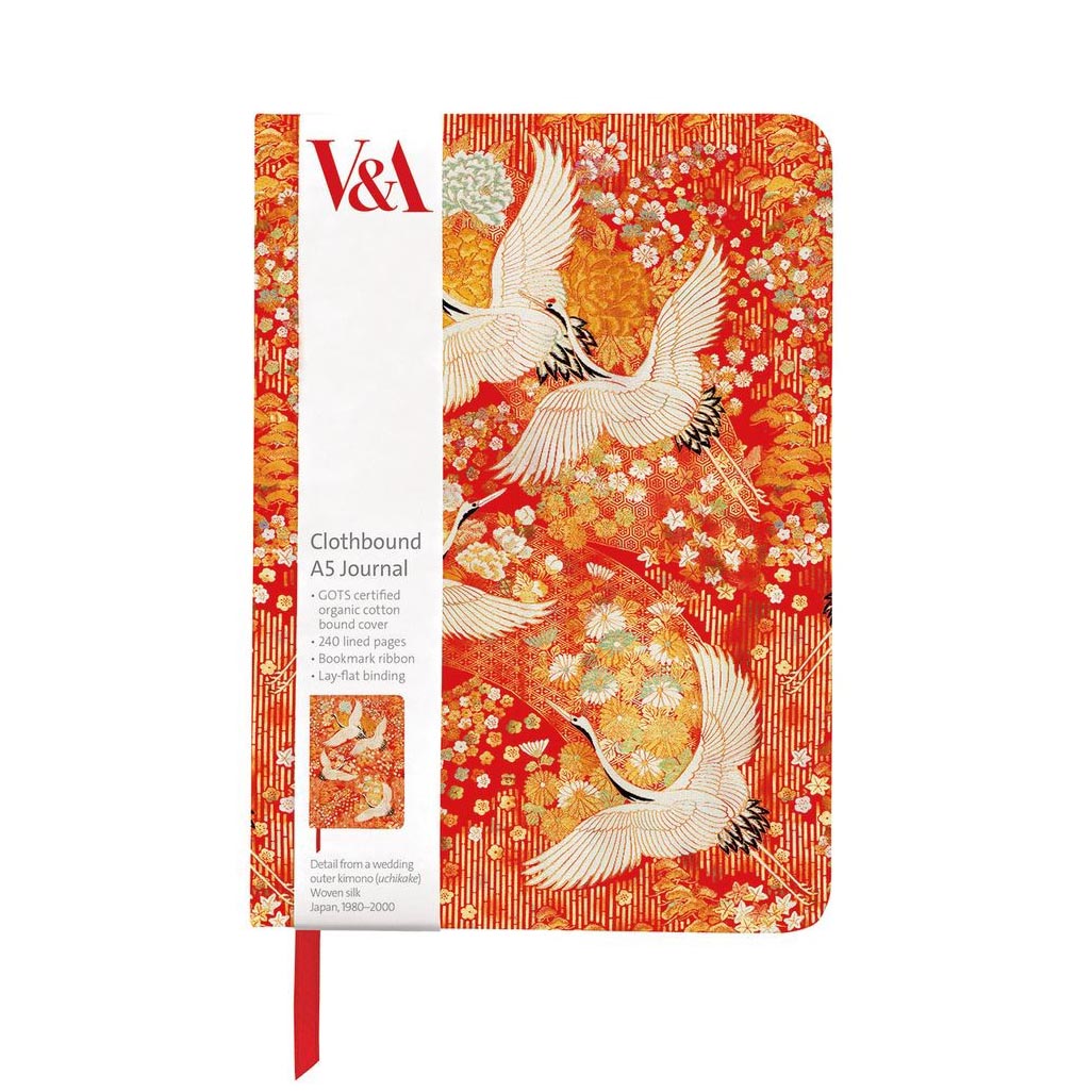 Clothbound journal featuring orange V&A artwork of a Kimono with cranes pattern