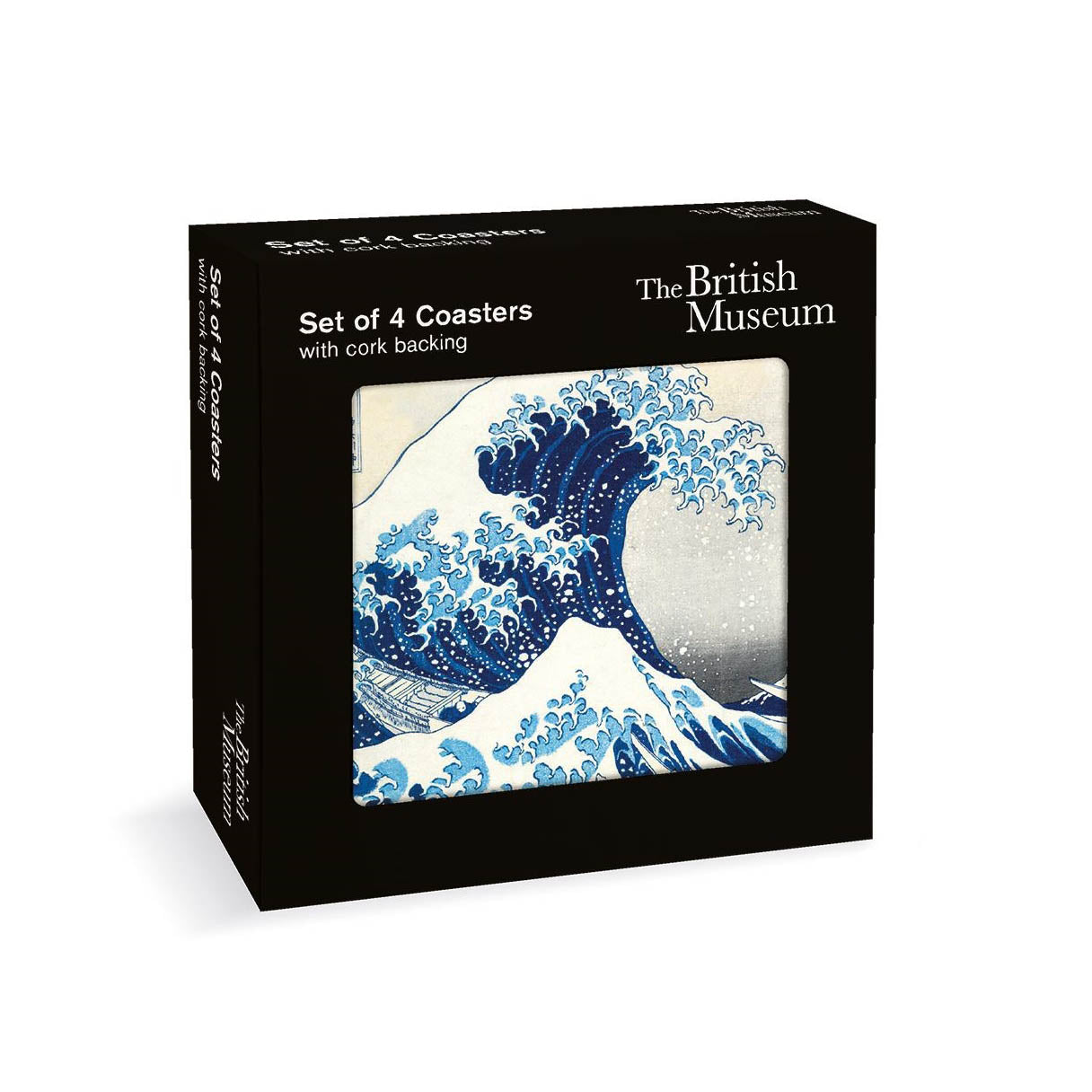 Black and white packaging for set of coasters - square hole at centre displaying the first coaster which features The Great Wave