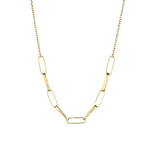 Gold chain necklace with a unique link design. The links are elongated, oval-shaped, and appear to be slightly open at one end. The chain has a delicate appearance and is likely made of a thin gauge of gold. The necklace is shown against a white background, which highlights its golden color and intricate design.