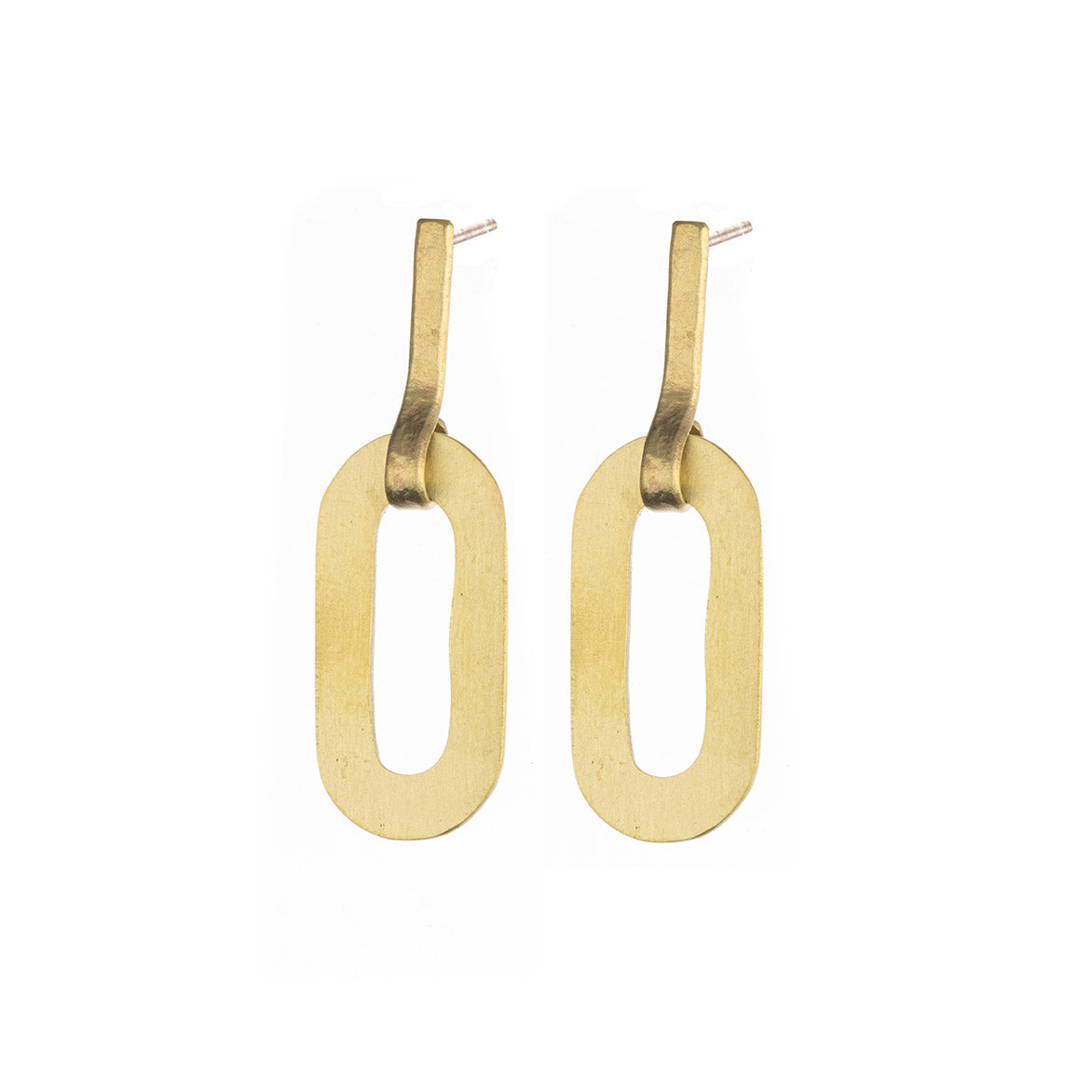 A pair of gold earrings with a unique design. Each earring consists of an elongated, oval-shaped piece of metal that has been curved to form a loop. The earrings are shown against a white background.