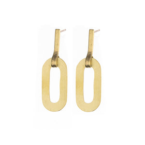 A pair of gold earrings with a unique design. Each earring consists of an elongated, oval-shaped piece of metal that has been curved to form a loop. The earrings are shown against a white background.