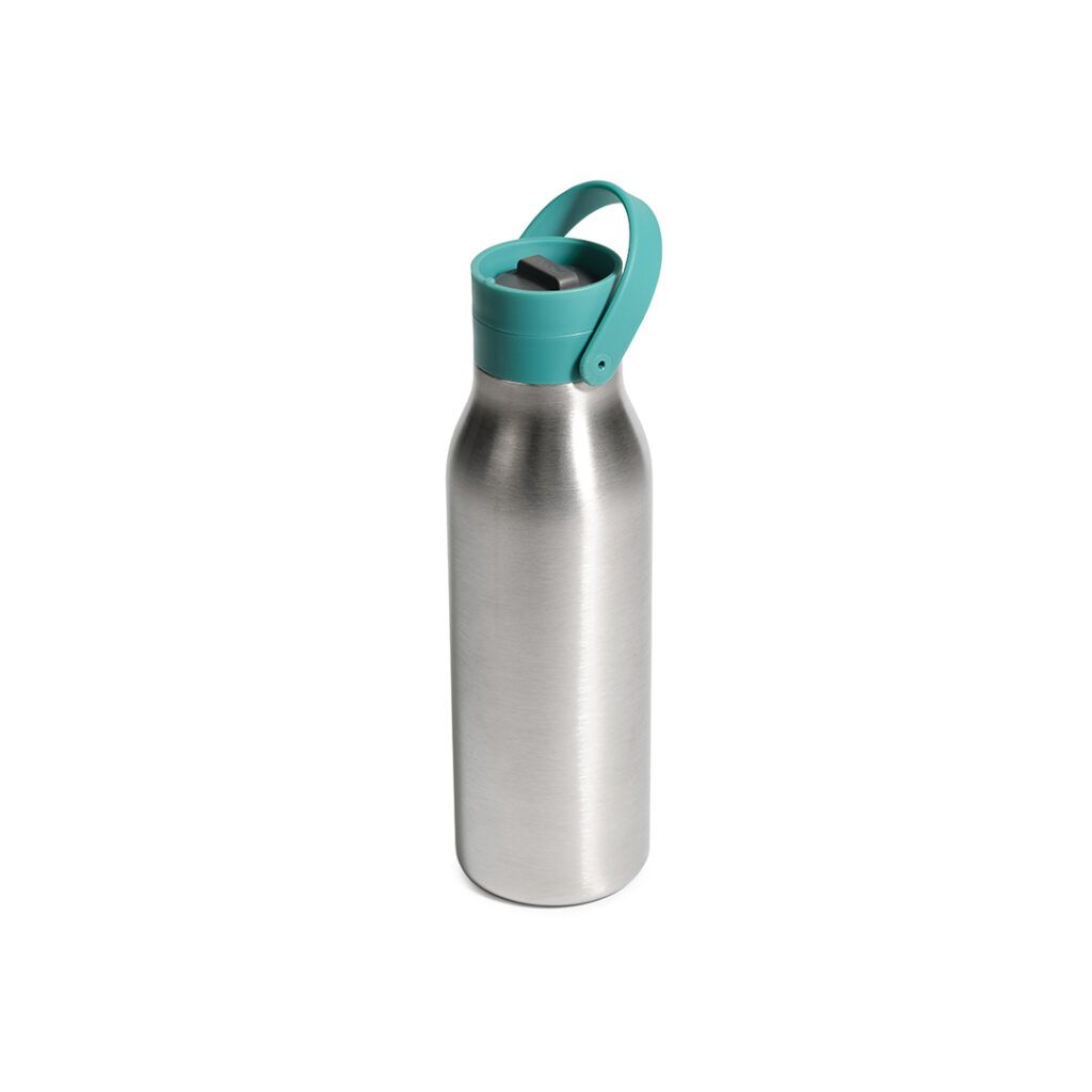 A silver water bottle with a teal lid and a teal handle.