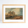 Framed artwork of a castle by a river on a white background